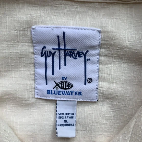 AFTCO Bluewater x Guy Harvey Marlin Embroidered Button Down Shirt Cream Size XL - Picture 7 of 13